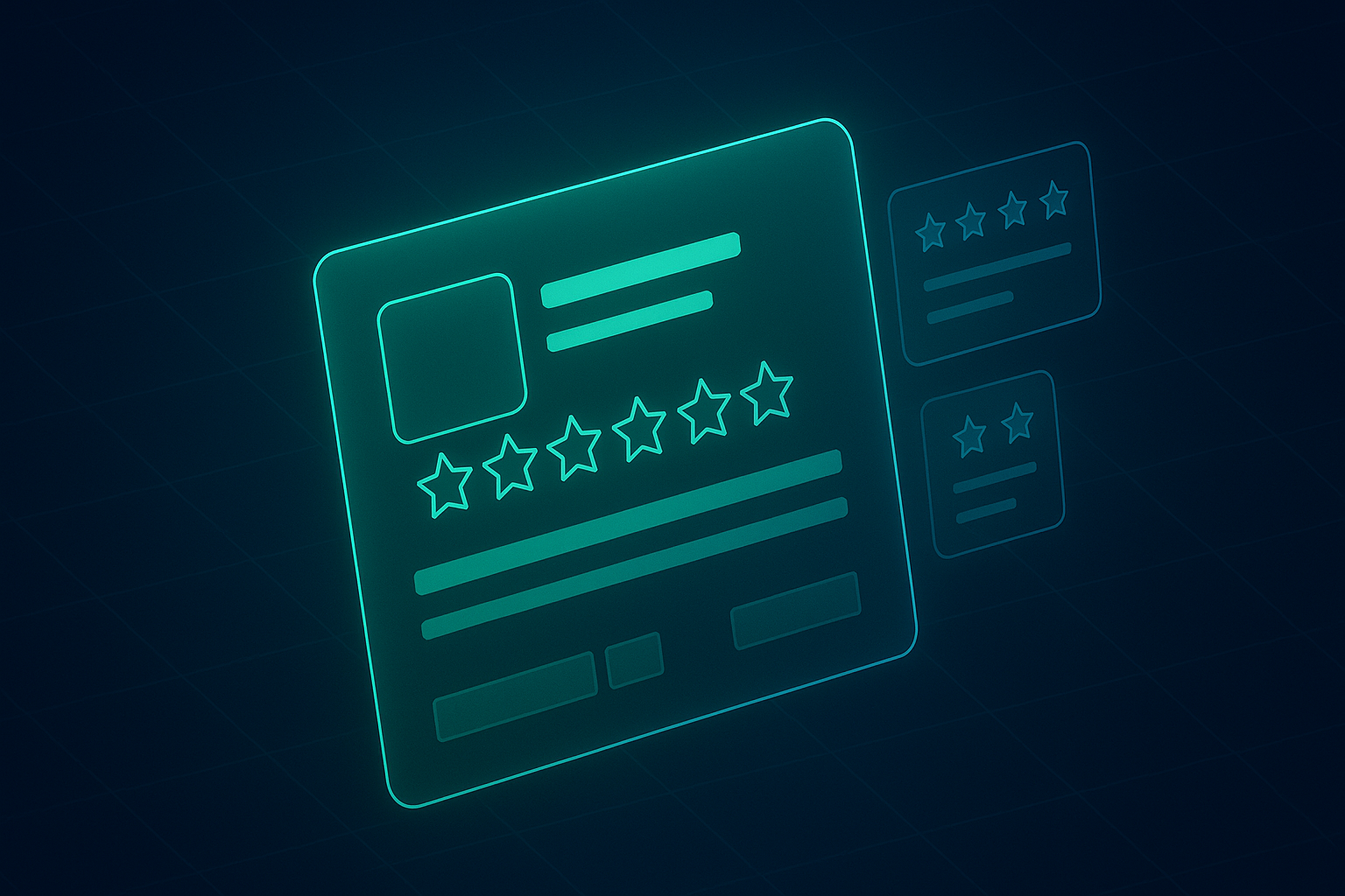 A business listing card with logo, information bars and star shapes, with review cards floating behind