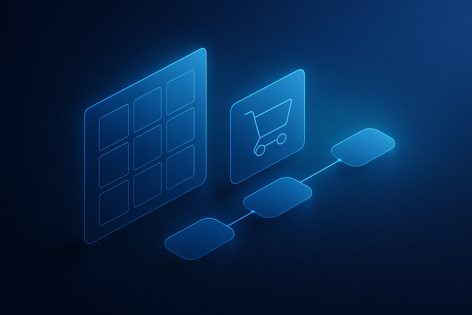Product grid, cart and a three-step checkout flow shown as glass panels