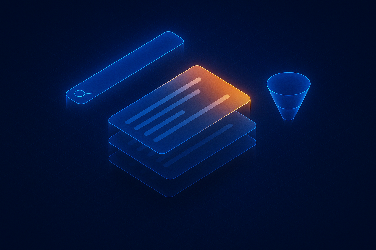 A search bar, a highlighted result card and a conversion funnel shown as glass panels
