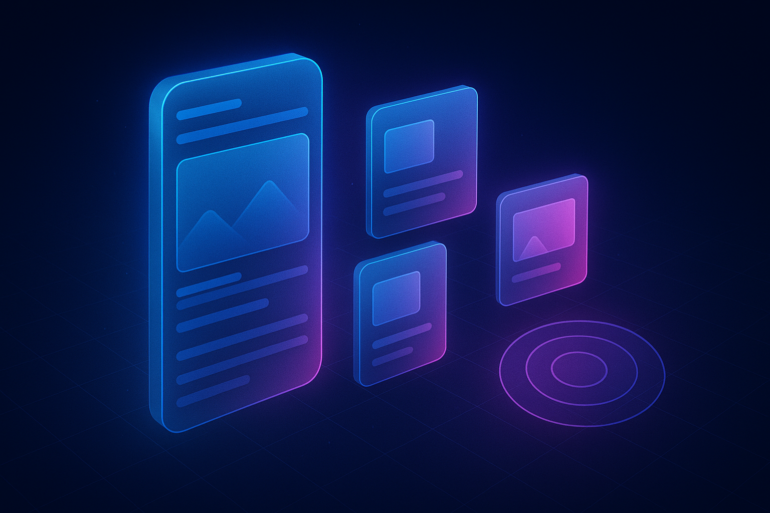 A social feed panel with creative variants and concentric audience rings, shown as glass panels