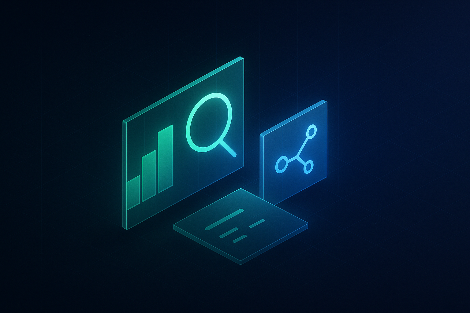 A rising bar chart, a magnifier and an internal-linking diagram shown as glass panels
