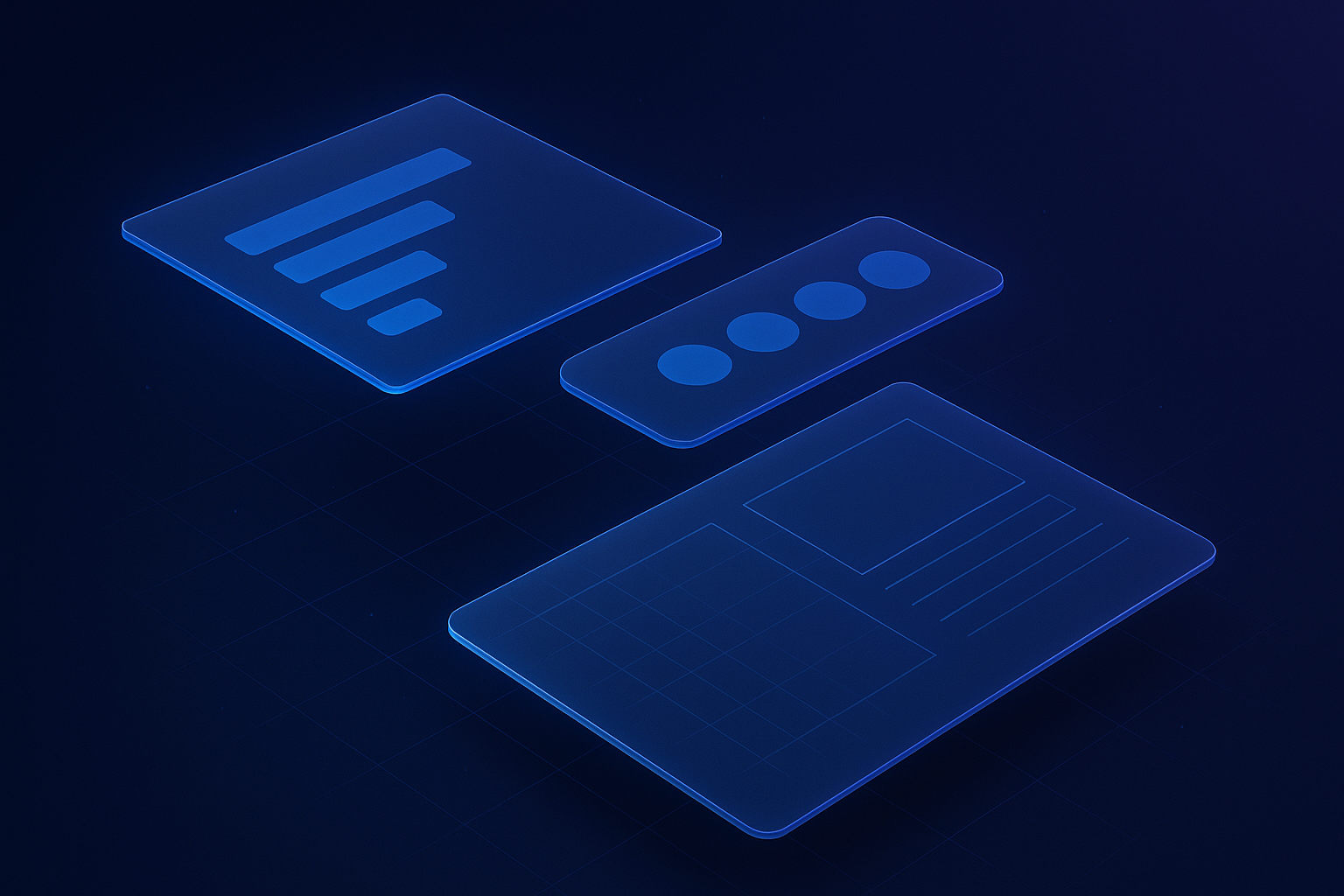 Design system elements &mdash; type scale, color swatches and a wireframe layout &mdash; shown as floating glass panels
